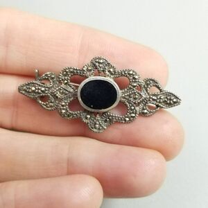 Vintage Sterling Silver Marcasite Black Onyx Brooch, Filigree Design Lapel Pin